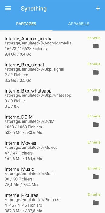 capture d’écran de Syncthing Android avec plein de partages activés