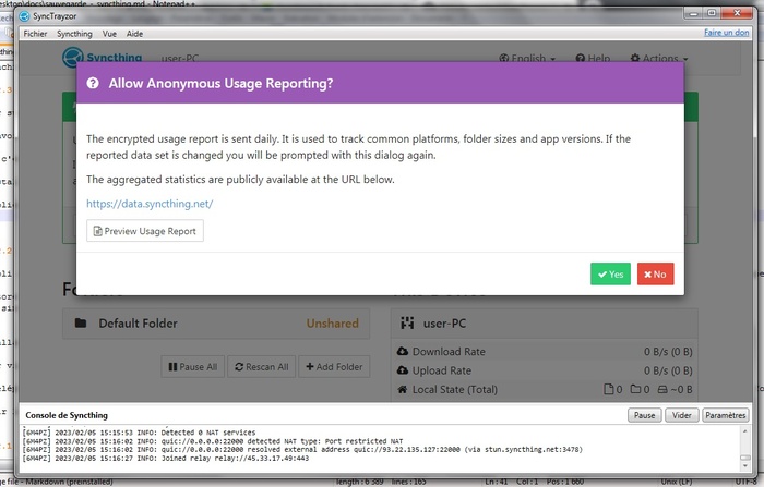 Capture d’écran du pop-up : “Allow anonymous usage reporting?” (autoriser les rapports anonymes ?)